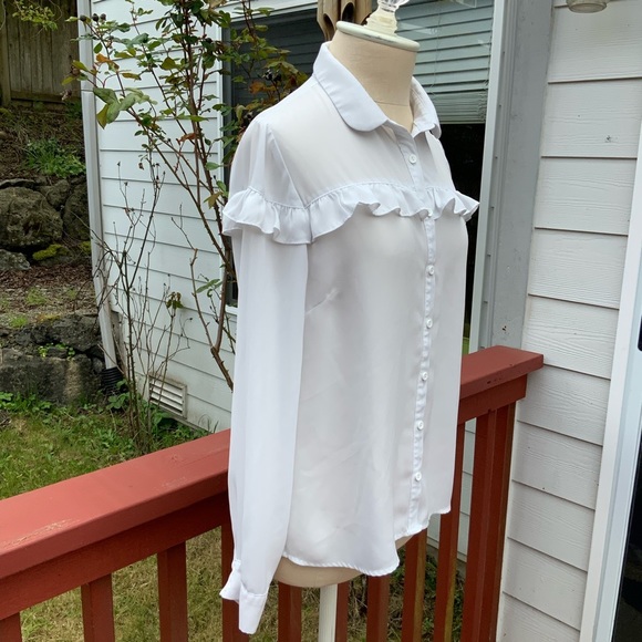 𝅺SALE 5/$25 Sheer White Ruffle Peasant Blouse S - Picture 3 of 5